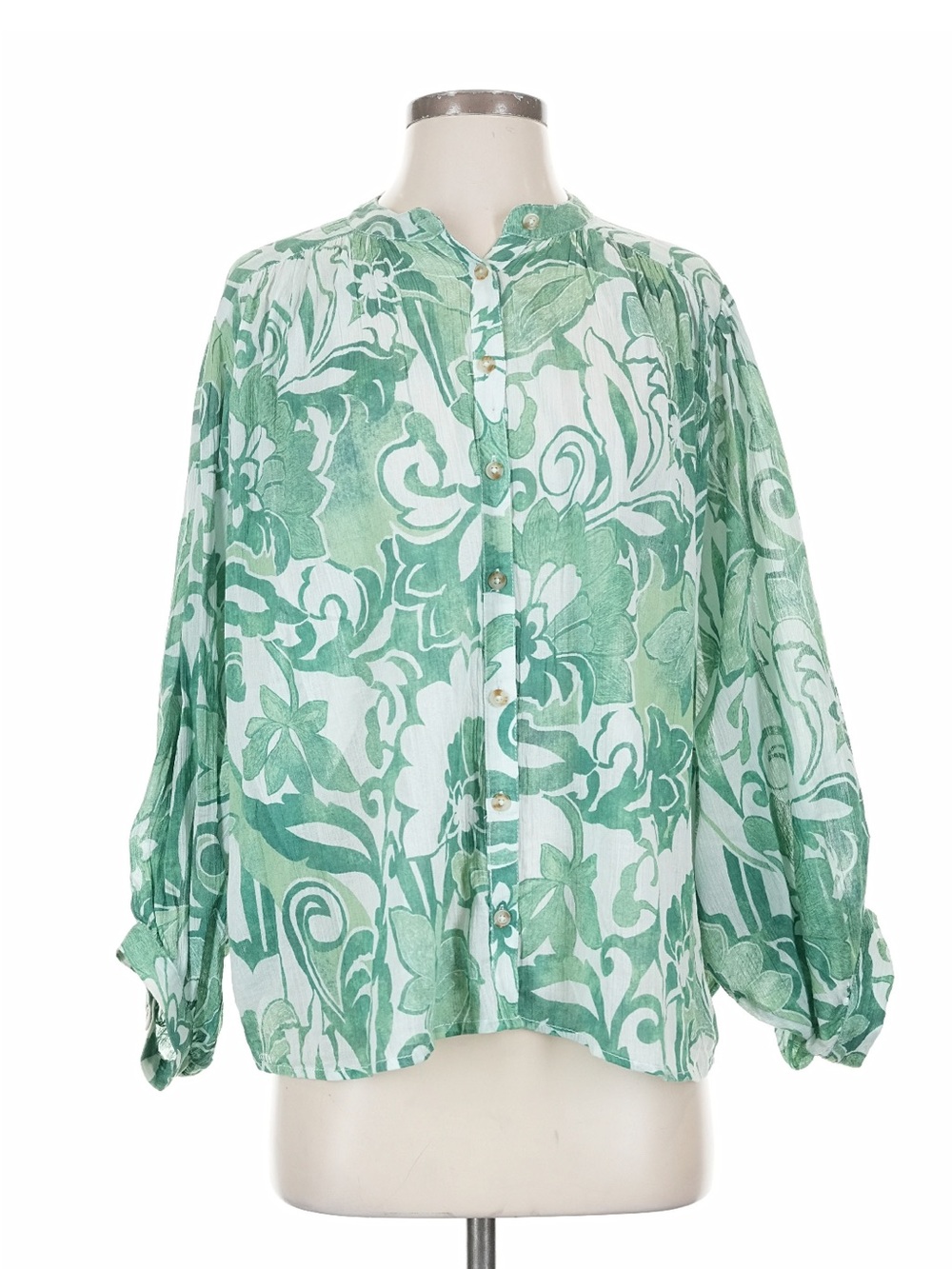 Anthropologie Green and White Floral Button-Down Shirt
